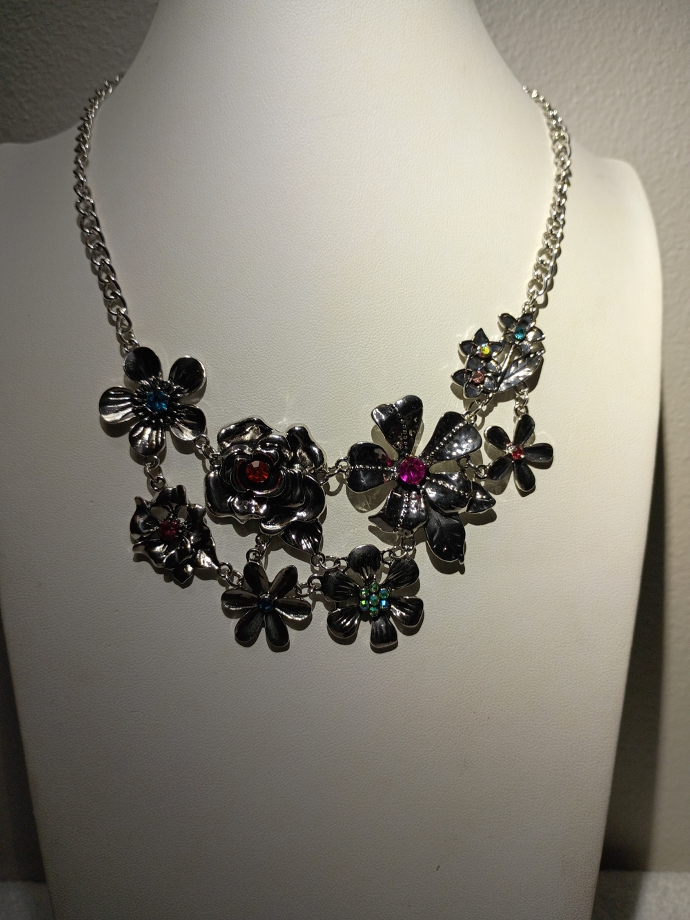 Silver Floral Statement Necklace with Multicolor Crystals